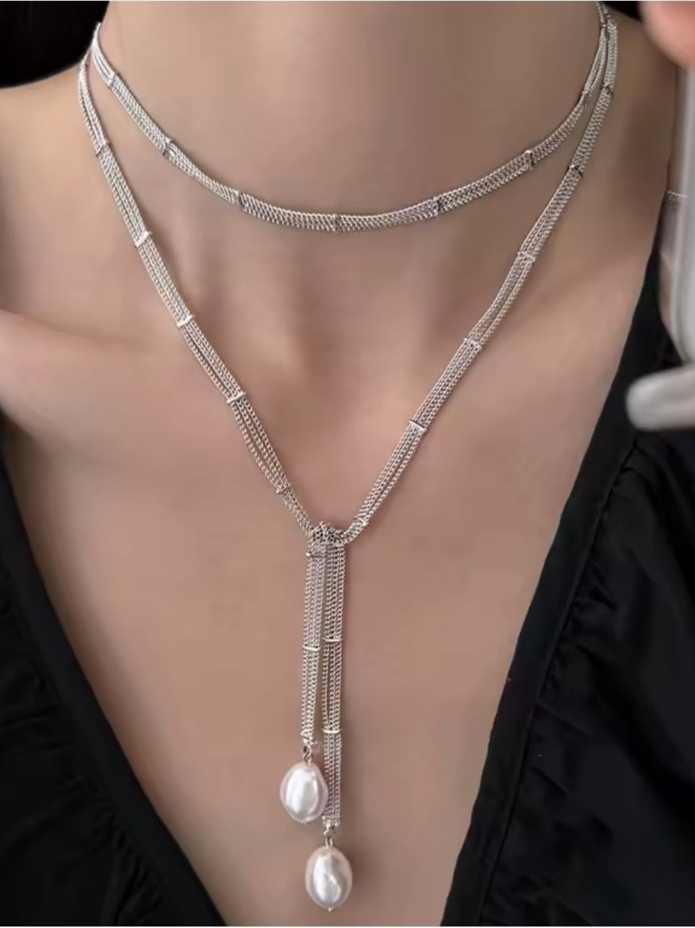 Elegant Silver Pearl Lariat Necklace - Women Jewelry